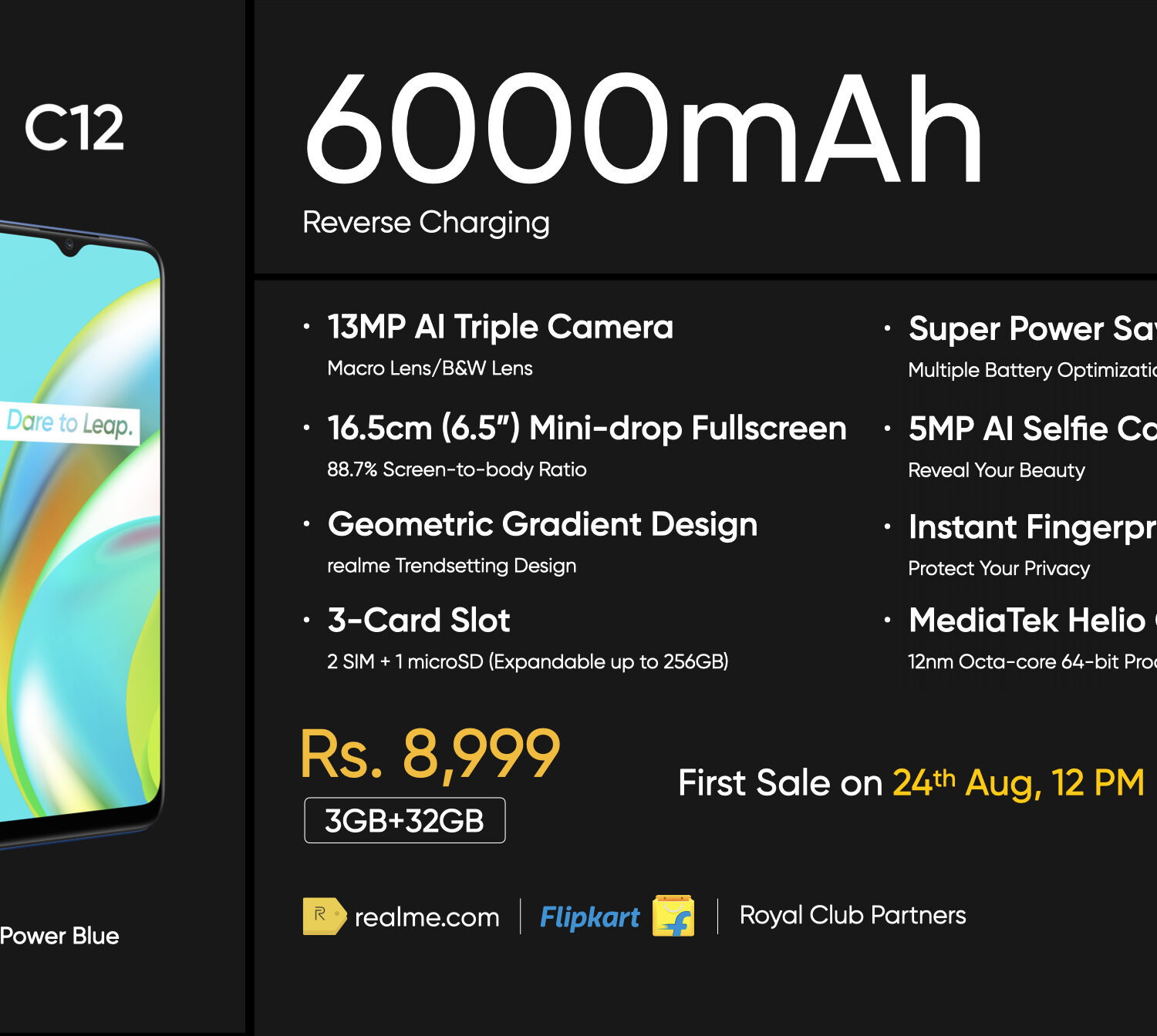 Realme C12 with 6.5-inch HD+ display, Helio G35 Chipset, 6000mAh battery is now official in India for ₹8499